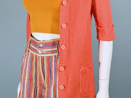 Vintage 60s Mod Orange V Neck Short Sleeve Long Top S on Sale