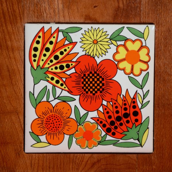 Vintage 70s Wood Serving Platter + Floral Ceramic Tile, Mid Century Modern Online now