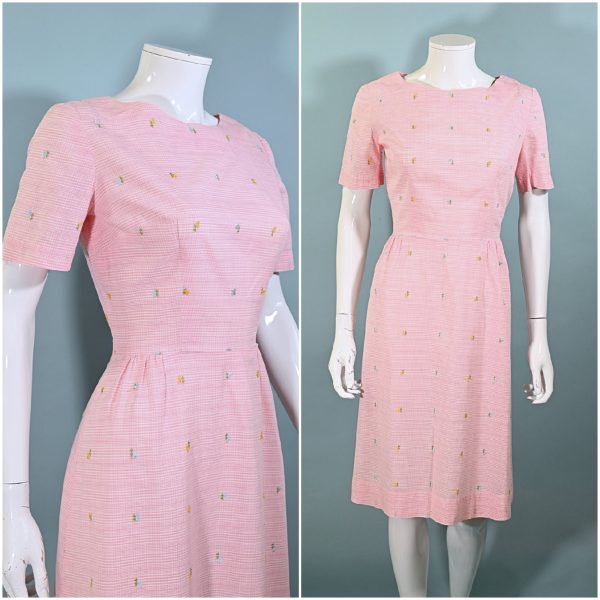 Vintage 60s Pink Plaid Embroidered Cotton Dress, Fitted 26.5  Waist Cheap