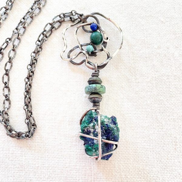 Vintage Sterling Artisan Made Abstract Brutalist Modernist Necklace, Azure Malachite Pendant For Discount