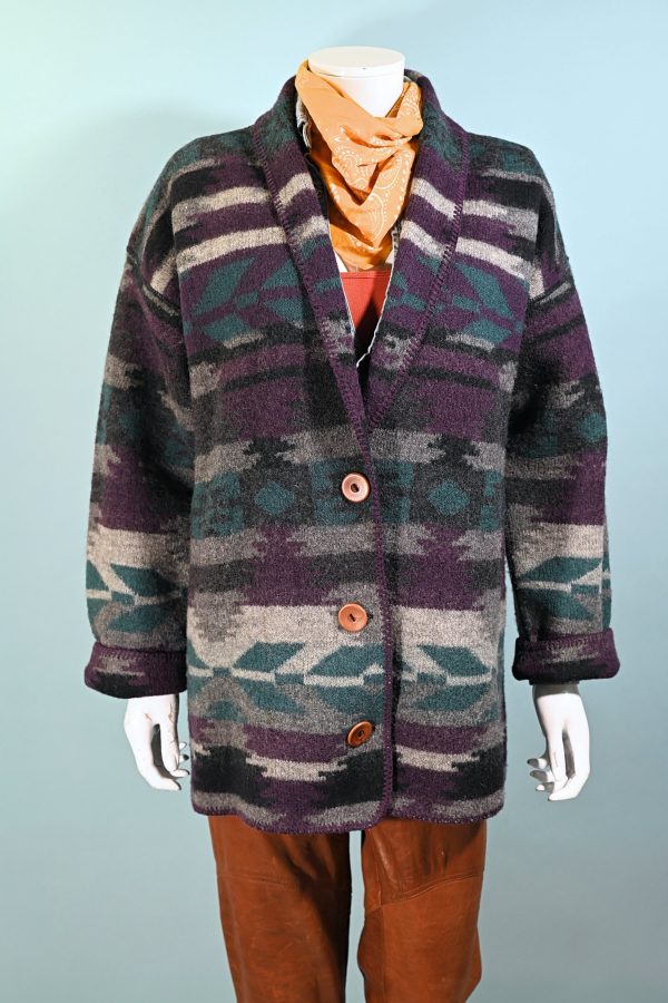 Vintage 80s Southwestern Wool Sweater Jacket, Western Cardigan Jacket S Cheap