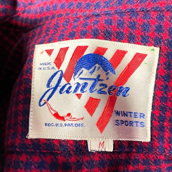 Vintage Jantzen Winter Sports, Wool Red Blue Houndstooth Check Top M Fashion