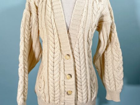 Carducci Cream Wool Cardigan Sweater, Cable Knit Fisherman Sweater M Hot on Sale