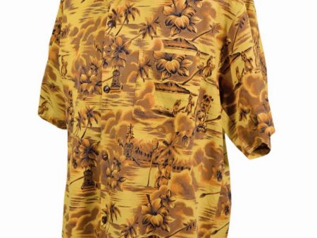 Vintage 60s Yellow Brown Hawaiian Shirt, Hula Girl Tiki Aloha Shirt by Bishop L For Discount