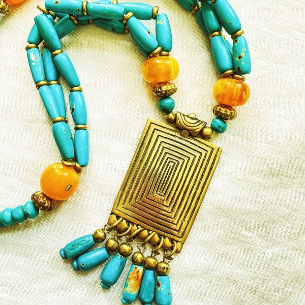 Vintage Faux Turquoise Pendant Necklace, Wood Beaded Boho Necklace For Sale