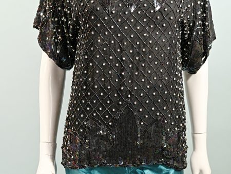 70s Black Silk Beaded Sequin Top, Relaxed Fit Party Top S Online Hot Sale