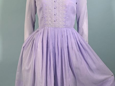 Vintage 60s Lavender Embroidered Cottagecore Dress, Peter Pan Collar S For Cheap