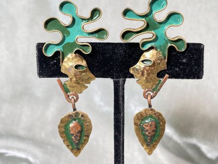 Vintage Casa Maya Maize God Drop Earrings, Brass Copper Enamel Screw Back Earrings For Cheap