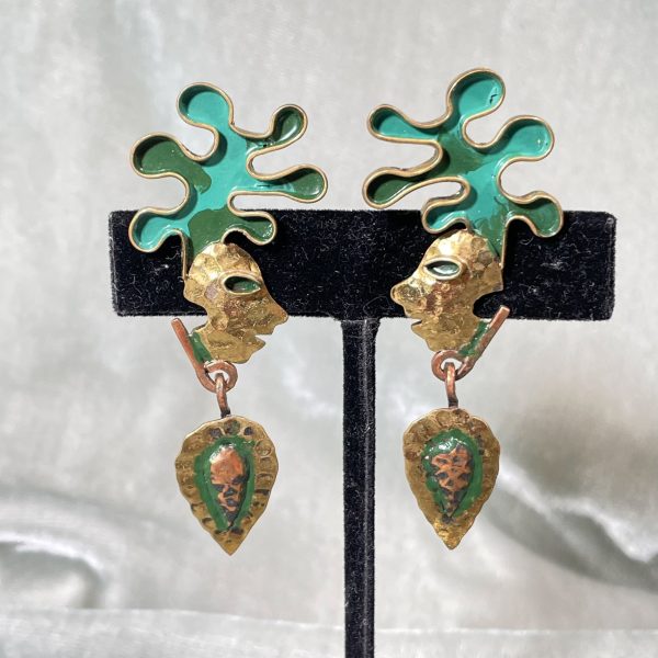 Vintage Casa Maya Maize God Drop Earrings, Brass Copper Enamel Screw Back Earrings For Cheap