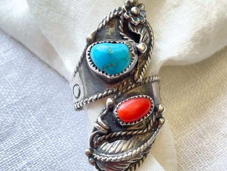 Vintage Navajo Silver Turquoise Coral Ring, Native American Ring Signed G.. For Sale