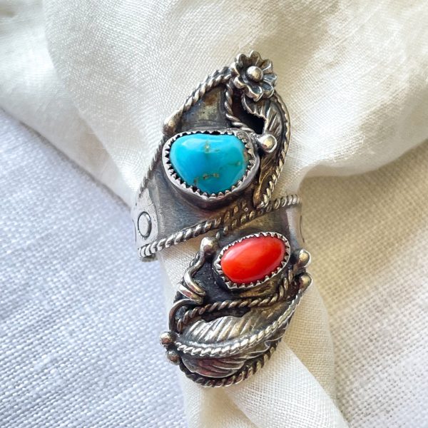 Vintage Navajo Silver Turquoise Coral Ring, Native American Ring Signed G.. For Sale