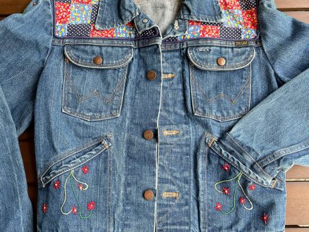 Vintage 70s Wrangler Embroidered Genuine Patchwork Denim Jacket, OOAK Hippie Jacket SZ 36 Online now