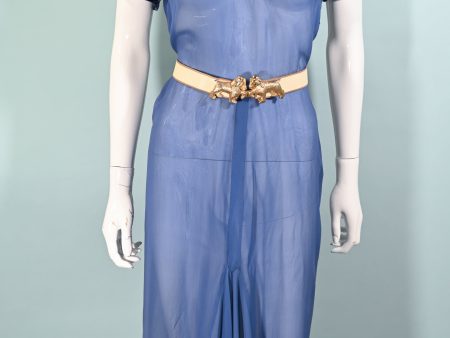 Vintage 30s Blue Chiffon & Velvet Dress, Peter Pan Collar Short Sleeve Dress M Hot on Sale