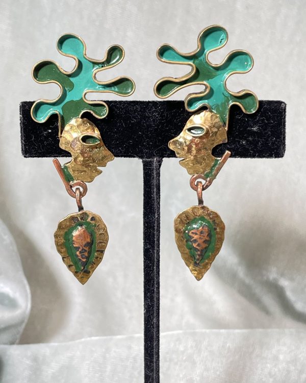 Vintage Casa Maya Maize God Drop Earrings, Brass Copper Enamel Screw Back Earrings For Cheap