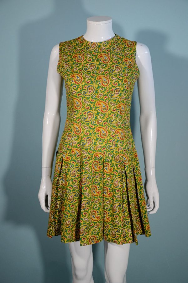 Vintage 1960s Mod Paisley Mini Dress Sleeveless Pleated Skirt Hot on Sale