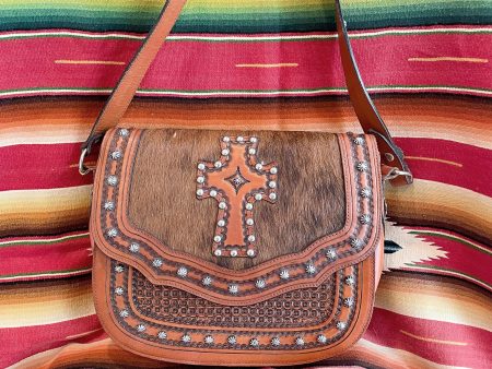 Vintage Tooled Leather Cowhide Shoulder Bag, Metal Studded Southwestern Bag For Discount