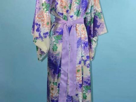 Vintage Lavender Silk Floral Japanese Kimono, Asian Lounge Wear on Sale