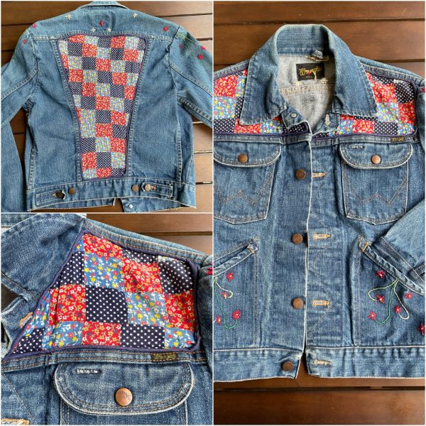 Vintage 70s Wrangler Embroidered Genuine Patchwork Denim Jacket, OOAK Hippie Jacket SZ 36 Online now