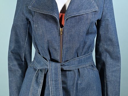 Vintage 60s 70s Denim Mini Coat, Hippie Mod Belted Denim Jacket S For Discount