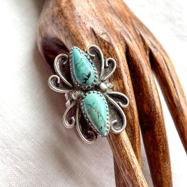 Native American Southwestern Statement Ring, Sterling Teardrop Turquoise Stones Discount