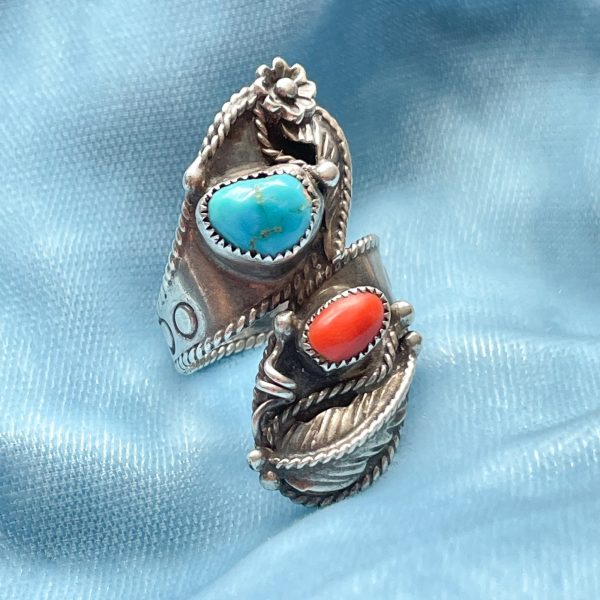 Vintage Navajo Silver Turquoise Coral Ring, Native American Ring Signed G.. For Sale