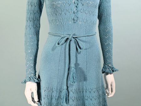 Vintage 60s Mod Knit Crochet Mini Dress, Ruffle Blue Dress XS Online Sale