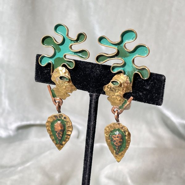 Vintage Casa Maya Maize God Drop Earrings, Brass Copper Enamel Screw Back Earrings For Cheap