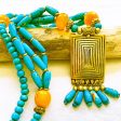 Vintage Faux Turquoise Pendant Necklace, Wood Beaded Boho Necklace For Sale