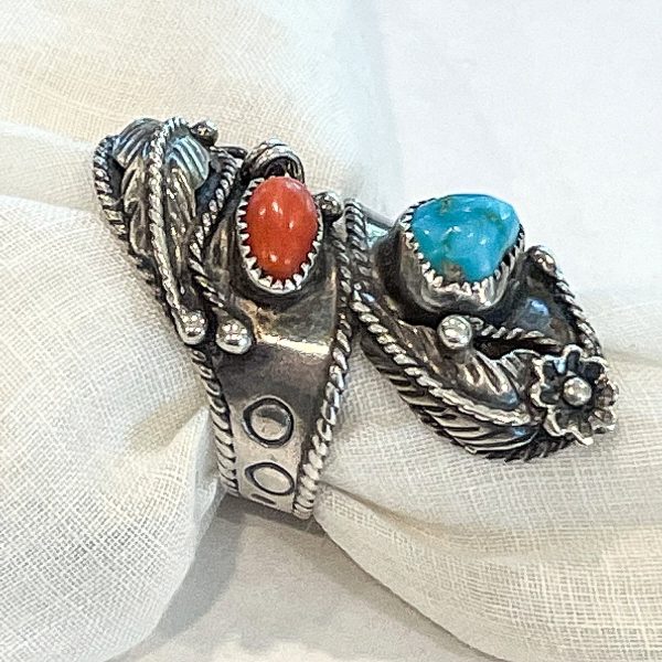 Vintage Navajo Silver Turquoise Coral Ring, Native American Ring Signed G.. For Sale