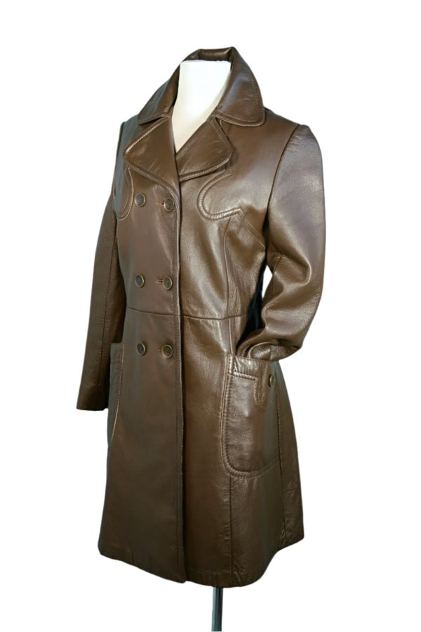 Vintage 60s Brown Leather Double Breasted Coat, Mod Hippie Leather Trench Coat S Discount