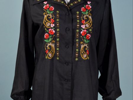 Vintage 60s Black Hand Embroidered Boho Blouse, Lily Shanghai China SZ 40 Supply