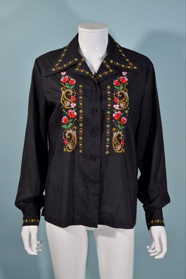 Vintage 60s Black Hand Embroidered Boho Blouse, Lily Shanghai China SZ 40 Supply