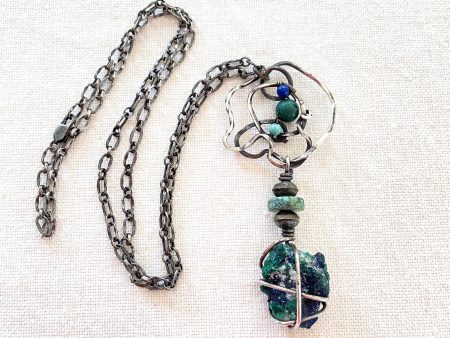 Vintage Sterling Artisan Made Abstract Brutalist Modernist Necklace, Azure Malachite Pendant For Discount