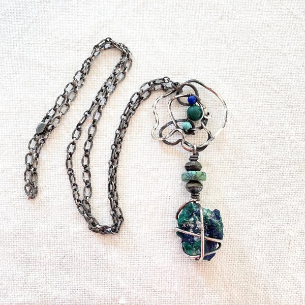 Vintage Sterling Artisan Made Abstract Brutalist Modernist Necklace, Azure Malachite Pendant For Discount