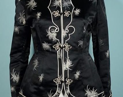 Vintage Black White Chinese Blouse, Asian Top Fitted Waist S Online Sale