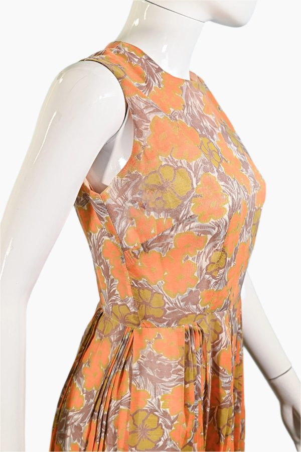 Vintage 60s Semi Sheer Orange Floral Print Dress, S 26  Waist Online now