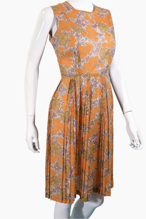 Vintage 60s Semi Sheer Orange Floral Print Dress, S 26  Waist Online now