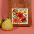 Vintage 70s Wood Serving Platter + Floral Ceramic Tile, Mid Century Modern Online now