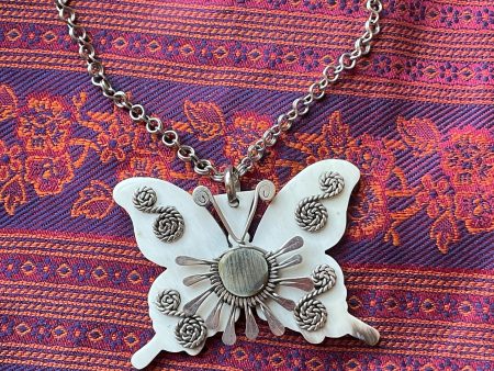 Vintage 60s 70s Butterfly Pendant Necklace, Handcrafted Necklace Online Hot Sale