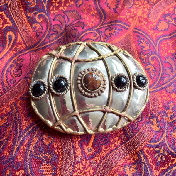 Vintage Brutalist Modernist Abstract Belt Buckle, Mixed Metals & Stones, Unworn Deadstock Made in India Hot on Sale