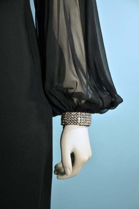 Vintage 60s Mod Black Chiffon Cocktail Party Dress, Full Poet Sleeves + Rhinestone Cuffs S Online now