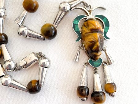 Vintage Sterling Silver Pendant Necklace, 925 Silver Tiger Eye Malachite Hand Carved Stone Mayan Aztec Face Taxco Mexico on Sale