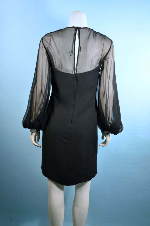 Vintage 60s Mod Black Chiffon Cocktail Party Dress, Full Poet Sleeves + Rhinestone Cuffs S Online now