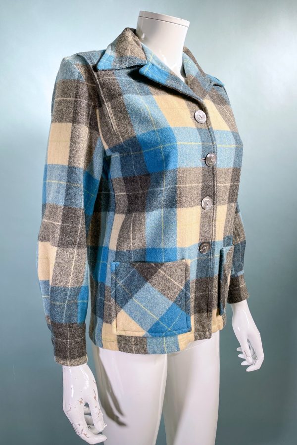 Vintage 40s 50s Wool 49er Jacket, Blue Cream Grey Plaid XS P Online now