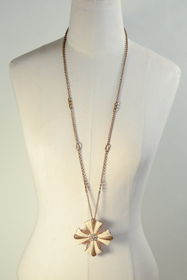 Vintage Enamel Flower + Rhinestone Pendant Necklace, Gold Tone Hippie Necklace Online