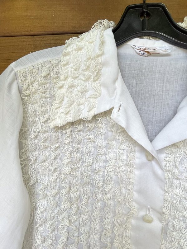 Vintage 70s White Lace Blouse Tunic, Tuxedo Style Ruffle Blouse Lady Arrow Online now