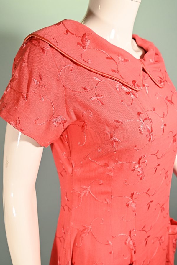 Vintage 50s Embroidered Coral Linen Dress, Peter Pan Collar Day Dress M Online Hot Sale