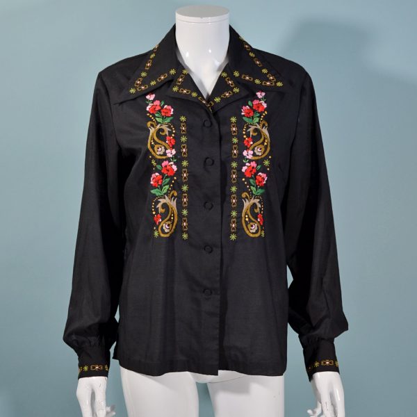 Vintage 60s Black Hand Embroidered Boho Blouse, Lily Shanghai China SZ 40 Supply