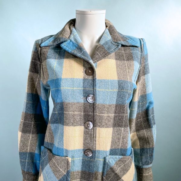 Vintage 40s 50s Wool 49er Jacket, Blue Cream Grey Plaid XS P Online now