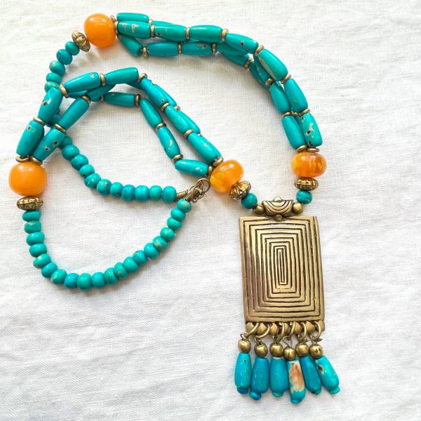 Vintage Faux Turquoise Pendant Necklace, Wood Beaded Boho Necklace For Sale